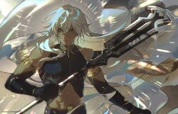 Rule 34 | 1boy, abs, bare shoulders, cioccolatodorima, closed mouth, commentary, commission, crossed bangs, dark-skinned male, dark skin, earrings, elbow gloves, english commentary, expressionless, floating hair, genshin impact, gloves, grey hair, highres, holding, holding polearm, holding weapon, jewelry, king deshret (genshin impact), lips, long hair, looking to the side, male focus, mature male, neck ring, polearm, sleeveless, solo, stomach, toned, toned male, upper body, weapon