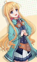 Rule 34 | 1girl, :d, blonde hair, blue eyes, blue jacket, blue shirt, buttons, commentary request, eiyuu densetsu, goggles, heart, heart background, highres, jacket, long hair, multicolored background, open clothes, open jacket, open mouth, own hands together, pleated skirt, pouch, ruisa, sen no kiseki, sen no kiseki iii, shirt, skirt, smile, solo, standing, tita russell