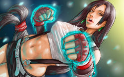 Rule 34 | 1990s (style), 1girl, black hair, clenched hand, earrings, female focus, final fantasy, final fantasy vii, fingerless gloves, gloves, glowing, jewelry, lips, long hair, looking at viewer, low-tied long hair, midriff, miniskirt, navel, red eyes, retro artstyle, skirt, solo, square enix, suspenders, take (draghignazzo), tifa lockhart, very long hair
