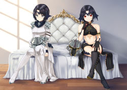 Rule 34 | 2girls, armlet, armor, au ra, warrior of light (ff14), bare shoulders, bed, belt, black gloves, black hair, black skirt, boots, breasts, bustier, crossed legs, dragon girl, dragon horns, dress, final fantasy, final fantasy xiv, freckles, gloves, gold, helmet, high heel boots, high heels, highres, horns, jewelry, knee boots, looking at viewer, medium breasts, midriff, miniskirt, multiple girls, navel, neck ring, necklace, parted bangs, red eyes, ruby suguri, scales, seductive smile, short hair, shoulder armor, sitting, skirt, smile, stomach, thigh boots, thighhighs, white dress, white eyes, white footwear, white gloves, wooden floor