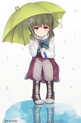 Rule 34 | 10s, 1girl, boots, cross-laced footwear, frog, green hair, kantai collection, lace-up boots, pantyhose, puddle, rain, riruno, short hair with long locks, sitting, skirt, smile, solo, squatting, takanami (kancolle), teruterubouzu, twitter username, umbrella