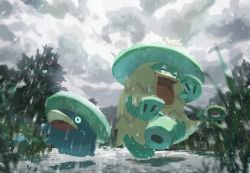 Rule 34 | cloud, creatures (company), dancing, day, evolutionary line, closed eyes, game freak, gen 3 pokemon, happy, lombre, lotad, ludicolo, nintendo, open mouth, outdoors, pokemon, pokemon (creature), ponimu, puddle, rain, sky, surskit, symbol-only commentary, tongue, water