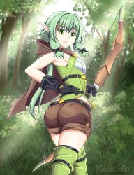 Rule 34 | 1girl, absurdres, ass, blush, bow (weapon), brown shorts, canadiananiguy, capelet, day, elf, female focus, forest, from behind, goblin slayer!, green eyes, green hair, hair intakes, high elf archer (goblin slayer!), highres, long hair, looking at viewer, looking back, nature, outdoors, pantylines, pointy ears, shorts, smile, solo, standing, thighhighs, weapon