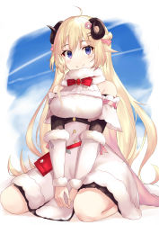 Rule 34 | 1girl, absurdres, ahoge, animal ears, bag, between legs, blonde hair, blue background, blush, braid, breasts, cape, closed mouth, commentary, detached sleeves, dress, french braid, full body, fur-trimmed dress, fur trim, hair ornament, hairclip, hand between legs, handbag, highres, hololive, horns, long hair, looking at viewer, medium breasts, pink cape, purple eyes, ribbed sleeves, sheep ears, sheep horns, simple background, sitting, smile, solo, taht (that is mm), thighs, tsunomaki watame, tsunomaki watame (1st costume), two-tone background, virtual youtuber, wariza, white background, white dress