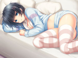 Rule 34 | 1girl, arm up, black hair, blue eyes, blue jacket, blue shorts, blush, breasts, cleavage, commentary request, couch, drawstring, hair ornament, hairclip, jacket, long sleeves, looking at viewer, loungewear, lying, medium breasts, nametakenoko, on couch, on side, original, parted lips, pastel colors, pillow, short shorts, shorts, smile, solo, striped clothes, striped thighhighs, thighhighs
