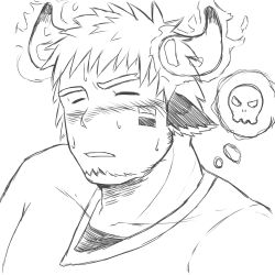 Rule 34 | 1boy, absurdres, animal ears, bara, blush, cow boy, cow ears, cow horns, facepaint, facial hair, fiery horns, forked eyebrows, glowing horns, goatee, greyscale, highres, horns, looking at viewer, male focus, monochrome, pectorals, portrait, shirt, short hair, skull, solo, sweat, sweatdrop, tatatan (ts kon2), thick eyebrows, thought bubble, tokyo houkago summoners, upper body, wakan tanka