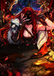 Rule 34 | 1girl, armor, black gloves, black mask, blood, breasts, cape, cha heera, chain, cleavage, eu (euspia), fingerless gloves, fur-trimmed cape, fur trim, gloves, holding, holding weapon, korean commentary, large breasts, long hair, looking at viewer, mask, novel illustration, official art, red hair, regressor&#039;s instruction manual, sharp teeth, single bare shoulder, solo, sword, teeth, weapon, weapon on back