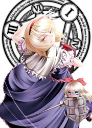 Rule 34 | &gt;:), 0-den, 1girl, absurdres, alice margatroid, blonde hair, blue dress, blue eyes, book, capelet, dress, english text, grimoire of alice, hairband, head tilt, highres, holding, holding book, lance, looking at viewer, looking back, magic circle, polearm, puppet rings, puppet strings, ring, roman numeral, sash, shanghai doll, shield, short hair, short sleeves, smile, solo, touhou, tsurime, v-shaped eyebrows, weapon, yellow eyes