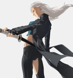 Rule 34 | 1girl, backless pants, black gloves, blue coat, blue eyes, breasts, closed mouth, coat, cowboy shot, devil may cry (series), devil may cry 5, fingerless gloves, from behind, from side, genderswap, genderswap (mtf), gloves, highres, holding, holding weapon, katana, long hair, meijwttdg, midriff, pants, profile, standing, sword, vergil (devil may cry), very long hair, weapon, white hair, yamato (sword)
