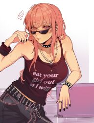 Rule 34 | 1girl, absurdres, adjusting eyewear, alternate costume, amlichan, artist name, belt, black nails, black tank top, blush, bracelet, breasts, collar, collarbone, denim, earrings, english text, highres, hololive, hololive english, jeans, jewelry, large breasts, long hair, looking at viewer, mori calliope, necklace, notice lines, pants, pink eyes, pink hair, ring, skull necklace, spiked bracelet, spiked collar, spikes, studded belt, sunglasses, tank top, virtual youtuber