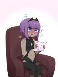 Rule 34 | 1girl, armchair, bare shoulders, black bodysuit, black hairband, blush, bodysuit, chair, dark-skinned female, dark skin, fate/prototype, fate/prototype: fragments of blue and silver, fate (series), flying sweatdrops, gradient background, hair between eyes, hairband, hassan of serenity (fate), holding, i.u.y, navel, nose blush, on chair, open mouth, pink background, purple eyes, purple hair, short hair, sitting, solo, sweat, translation request, trembling, wavy mouth, white background