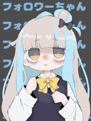 Rule 34 | 1girl, ahoge, bags under eyes, black bow, black sweater vest, blue hair, blunt bangs, bow, collared shirt, commentary request, grey background, grey hair, hair bow, hair bun, hands up, highres, long hair, long sleeves, looking at viewer, multicolored hair, nemurumi, nyalra (author), open mouth, original, shirt, single hair bun, solo, sweater vest, translation request, two-tone hair, upper body, white shirt, yellow eyes