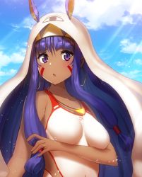 Rule 34 | .o, animal ears, bare arms, bare shoulders, blue sky, blunt bangs, blush, breasts, collarbone, competition swimsuit, dark-skinned female, dark skin, day, earrings, facepaint, fate/grand order, fate (series), hairband, hoop earrings, jewelry, light particles, light rays, long hair, medium breasts, medjed (fate), mikomiko (mikomikosu), necklace, nitocris (fate), nitocris (fate/grand order), nitocris (swimsuit assassin) (fate), nitocris (swimsuit assassin) (second ascension) (fate), one-piece swimsuit, open mouth, outdoors, purple eyes, purple hair, rabbit ears, sky, solo, sunbeam, sunlight, swimsuit, two-tone hairband, under covers, upper body, very long hair, white one-piece swimsuit