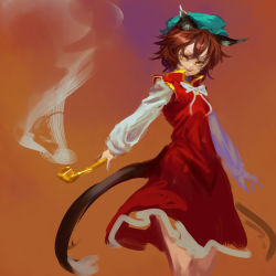Rule 34 | 1girl, animal ears, blue hat, brown hair, cat ears, cat tail, chen, dress, fang, hat, holding, inishie kumo, long sleeves, looking at viewer, multiple tails, nekomata, one-hour drawing challenge, orange background, red dress, shirt, smile, smoking pipe, solo, standing, tail, touhou, two tails, white shirt, yellow eyes