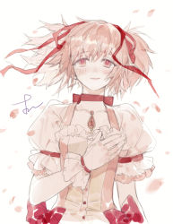 Rule 34 | 1girl, arm at side, bow, buttons, choker, closed mouth, collarbone, dot nose, flat chest, frilled sleeves, frills, furrowed brow, hair ribbon, half-closed eyes, hand on own chest, hand up, happy, highres, kaname madoka, light blush, light smile, looking at viewer, mahou shoujo madoka magica, mahou shoujo madoka magica (anime), messy hair, muted color, petals, pigeon666, pink eyes, pink hair, pink theme, puffy short sleeves, puffy sleeves, red choker, red ribbon, red theme, ribbon, ribbon choker, short sleeves, short twintails, signature, simple background, solo, soul gem, tareme, twintails, upper body, waist bow, white background