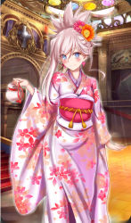 Rule 34 | 1girl, alternate costume, blue eyes, blush, earrings, fate/grand order, fate (series), hair ornament, japanese clothes, jewelry, kimono, looking at viewer, miyamoto musashi (fate), nagishy, pink hair, ponytail, sash, smile, solo