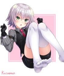 Rule 34 | 1girl, :o, alternate costume, arm belt, artist name, bandaged arm, bandages, black gloves, black shorts, black vest, blush, buckle, collared shirt, colored eyelashes, commentary request, facial scar, fate/grand order, fate (series), feet, gloves, green eyes, grey shirt, highres, jack the ripper (fate/apocrypha), jack the ripper (memory of qualia) (fate), kasaran, long sleeves, looking at viewer, memory of qualia, necktie, open mouth, pink background, pink necktie, scar, scar on cheek, scar on face, shirt, short shorts, shorts, silver hair, sleeves rolled up, solo, striped clothes, striped shirt, thighhighs, toes, two-tone background, vertical-striped clothes, vertical-striped shirt, vest, w arms, white background, white thighhighs