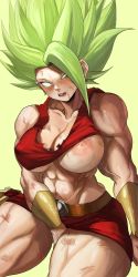 Rule 34 | 1girl, breasts, defeat, dragon ball, dragon ball super, ear piercing, female focus, green hair, highres, kale (dragon ball), large breasts, legendary super saiyan, looking at viewer, muscular, muscular female, nipples, no pupils, noblood (ryandomonica), open mouth, piercing, saiyan, sitting, solo, super saiyan, torn clothes