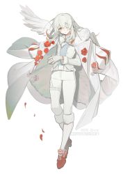 Rule 34 | 1boy, absurdres, brooch, closed mouth, coat, coat on shoulders, commission, copyright request, earrings, full body, gloves, green eyes, highres, jewelry, long hair, long sleeves, looking at viewer, male focus, one eye covered, own hands together, pants, petals, red footwear, ring, shachi (d09 0rca), shoes, simple background, single wing, socks, solo, white background, white coat, white gloves, white hair, white pants, white socks, white wings, wings