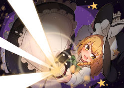 Rule 34 | apron, black headwear, black skirt, black vest, blonde hair, blush, bow, breasts, buttons, commentary request, flashlight, frilled apron, frilled hat, frilled skirt, frills, hat, hat bow, holding, holding flashlight, kirisame marisa, light, long hair, long sleeves, mikagami jun, open mouth, shirt, skirt, small breasts, star (symbol), touhou, vest, waist apron, white apron, white bow, white shirt, witch, witch hat, yellow eyes