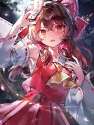 Rule 34 | 1girl, ame929, ascot, bare shoulders, between fingers, blush, bow, brown hair, detached sleeves, hair between eyes, hair bow, hair tubes, hakurei reimu, highres, holding, japanese clothes, long hair, looking at viewer, nontraditional miko, ofuda, ofuda between fingers, open mouth, red bow, red eyes, red skirt, ribbon-trimmed sleeves, ribbon trim, sidelocks, skirt, solo, touhou, white sleeves, wide sleeves, yellow ascot