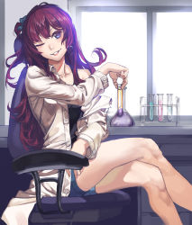 Rule 34 | 1girl, black shirt, blue bow, blue eyes, blue shorts, bow, brown hair, collarbone, crossed legs, erlenmeyer flask, flask, hair bow, highres, ichinose shiki, idolmaster, idolmaster cinderella girls, indoors, lab coat, long hair, looking at viewer, off shoulder, one eye closed, one side up, parted lips, shirt, short shorts, shorts, sitting, smile, solo, tunamayo (dsasd751)