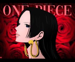 Rule 34 | 1girl, black hair, blue eyes, boa hancock, chris re5, close-up, commentary, earrings, floral background, hime cut, instagram username, jewelry, letterboxed, looking to the side, one piece, pink lips, profile, solo, twitter username
