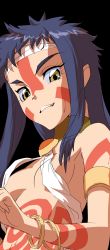 Rule 34 | 1girl, bandages, black background, blue hair, bodypaint, bracelet, breasts, commentary request, face, facepaint, from below, grin, headband, highres, jewelry, long hair, looking at viewer, nadeara bukichi, neo ranga, shimabara yuuhi, small breasts, smile, solo, teeth, yellow eyes