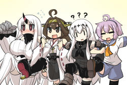 Rule 34 | 4girls, ?, ??, abyssal ship, ahoge, aircraft carrier water oni, aoba (kancolle), blush, blush stickers, boots, breasts, brown eyes, brown hair, claws, closed eyes, collar, comic, commentary request, detached sleeves, dress, elbow gloves, flying sweatdrops, gloves, goma (gomasamune), hairband, headgear, highres, horns, huge breasts, japanese clothes, kantai collection, kongou (kancolle), large breasts, leg up, lineup, locked arms, long hair, long sleeves, multiple girls, neckerchief, nichijou, nontraditional miko, open mouth, parody, pink hair, pleated skirt, ponytail, red eyes, school uniform, seaport princess, serafuku, short hair, short sleeves, shorts, sidelocks, single horn, skirt, sleeveless, smile, sweater, sweater dress, thighhighs, tokisadame school uniform, white hair, wide sleeves, yellow background