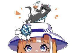 Rule 34 | 1girl, absurdres, akikawa yayoi (umamusume), animal ears, blue eyes, blunt bangs, cat day, cat ears, chair, cocktail glass, crazy straw, cup, drinking glass, drinking straw, flower, hat, hat flower, heart straw, highres, looking up, lounge chair, makasero, notice lines, orange hair, reclining, simple background, sunglasses, umamusume, white background, white headwear