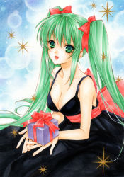 Rule 34 | 1girl, 6kusa, bad id, bad pixiv id, black dress, bow, breasts, cleavage, dress, gift, green eyes, green hair, hair bow, hatsune miku, holding, holding gift, large breasts, long hair, matching hair/eyes, smile, solo, traditional media, twintails, vocaloid