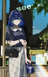 Rule 34 | 1girl, bag, blue eyes, blue hair, casual, chanel, earrings, hair intakes, handbag, highres, hololive, hololive english, jewelry, k00s, medium hair, ouro kronii, skirt, solo, storefront, virtual youtuber, watch, wristwatch