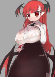 Rule 34 | 1girl, amii, bad id, bad pixiv id, black skirt, blush, breasts, demon wings, eyebrows, frown, head wings, high-waist skirt, huge breasts, koakuma, long hair, low wings, plump, pointy ears, red eyes, red hair, simple background, sketch, skirt, solo, thick eyebrows, touhou, wavy mouth, wings