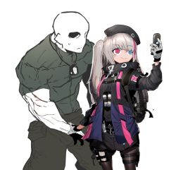 Rule 34 | 1boy, 1girl, beret, black headwear, black jacket, black skirt, blue eyes, brown pantyhose, cellphone, character request, closed mouth, flip phone, girls&#039; frontline, gloves, grey gloves, grey hair, hat, heterochromia, holding, holding another&#039;s wrist, holding phone, jacket, long sleeves, mdr (girls&#039; frontline), multicolored hair, pantyhose, phone, pink eyes, selfie, skirt, smile, ssambatea, standing, streaked hair, twintails, white background