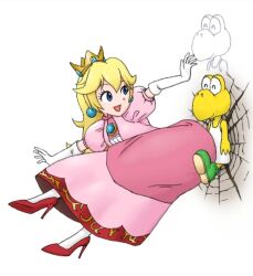 Rule 34 | 1girl, accidental pervert, against wall, beach koopa, blonde hair, blue eyes, blue gemstone, breasts, brooch, crown, dress, earrings, elbow gloves, from side, gem, ghost, gloves, hands up, happy, heart, hip attack, jewelry, koopa troopa, lips, long dress, long hair, looking to the side, mario (series), medium breasts, nintendo, parted lips, pink dress, pink lips, princess, princess peach, puffy short sleeves, puffy sleeves, short sleeves, super mario world, super smash bros., white background, white gloves, yass hero