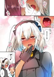 Rule 34 | admiral (kancolle), colorized, dark-skinned female, dark skin, finger to mouth, fingerless gloves, glasses, gloves, hair between eyes, heart bubbles, heavy breathing, highres, kantai collection, masago (rm-rf), musashi (kancolle), musashi kai ni (kancolle), necktie, open mouth, speech bubble, translation request, white hair