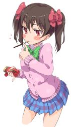 Rule 34 | 10s, 1girl, black hair, blue skirt, blush, bow, cardigan, cropped legs, food, food in mouth, hair between eyes, hair bow, heart, highres, holding, holding food, looking at viewer, love live!, love live! school idol project, mouth hold, pink bow, plaid, plaid skirt, pleated skirt, pocky, pocky day, pocky kiss, red eyes, school uniform, sen (sen0910), shared food, simple background, skirt, solo, twintails, white background, yazawa nico