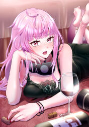 Rule 34 | 1girl, barefoot, black nightgown, blush, breasts, cup, drinking glass, highres, hololive, hololive english, large breasts, long hair, looking at viewer, lying, manmaru todoko, messy hair, mori calliope, mori calliope (sleepwear), nail polish, nightgown, official alternate costume, on stomach, open mouth, pink hair, red eyes, red nails, sleep mask, virtual youtuber, wine glass