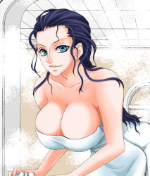 Rule 34 | 1girl, bent over, black hair, blue eyes, blue hair, breasts, chikaburo, cleavage, hair slicked back, large breasts, long hair, looking at viewer, matching hair/eyes, naked towel, nico robin, one piece, smile, solo, steam, towel