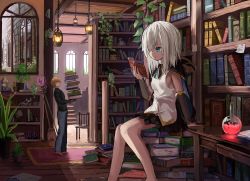 Rule 34 | 1boy, 1girl, armpits, ars almal, bare shoulders, black shirt, black skirt, blonde hair, blue eyes, book, book stack, bookshelf, broom, brown gloves, cloak, commentary, day, denim, desk, detached sleeves, drawer, ex albio, feet out of frame, flask, full body, gloves, hair between eyes, hanging light, highres, holding, holding book, hood, hood down, indoors, jeans, library, long sleeves, looking at another, miniskirt, nemu kotatsu, nijisanji, pants, pile of books, plant, potted plant, reading, round-bottom flask, see-through, shirt, sitting, sitting on books, sketch, skirt, staff, standing, virtual youtuber, white hair, white shirt, window
