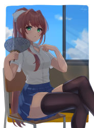 Rule 34 | 1girl, :o, artist name, black thighhighs, blouse, blue skirt, blue sky, blush, bow, brown hair, chair, cloud, commentary request, crossed legs, doki doki literature club, green eyes, hair bow, hand fan, highres, holding, holding fan, indoors, kato fuyu, long hair, looking at viewer, monika (doki doki literature club), over-kneehighs, ponytail, school uniform, shirt, short sleeves, sidelocks, sitting, skirt, sky, solo, thighhighs, watermark, white bow, white shirt, window