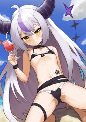 Rule 34 | 1girl, absurdres, bad id, bad pixiv id, bikini, black bikini, black collar, blue sky, braid, breasts, closed mouth, cloud, collar, cup, day, demon horns, drink, drinking glass, drinking straw, front-tie bikini top, front-tie top, gluteal fold, hair between eyes, highres, holding, holding cup, hololive, horns, la+ darknesss, light smile, long hair, looking at viewer, multicolored hair, outdoors, pointy ears, purple hair, pyonsan, sky, slit pupils, small breasts, solo, spread legs, streaked hair, striped horns, summer, swimsuit, thigh strap, very long hair, virtual youtuber, wristband, yellow eyes
