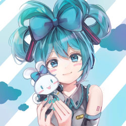 Rule 34 | 1girl, alternate hairstyle, animal, aqua nails, aqua necktie, artist name, bare shoulders, blue bow, blue eyes, blue hair, blue theme, blush, blush stickers, bow, cinnamiku, cinnamoroll, closed mouth, clothed animal, collared shirt, cosplay, crossover, detached sleeves, ear bow, grey shirt, hair bow, hair rings, hands up, hatsune miku, hatsune miku (cosplay), head tilt, headphones, holding, holding animal, long hair, looking at viewer, matching outfits, nail polish, necktie, open mouth, rachip, sanrio, shirt, smile, striped, striped background, tied ears, updo, upper body, vocaloid