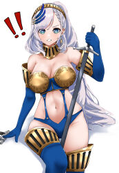 Rule 34 | !, !!, 1girl, absurdres, aidoruhakase, alternate costume, armor, bikini armor, braid, braided bangs, breasts, earrings, evoker, feather hair ornament, feathers, green eyes, grey hair, hair ornament, high-cut armor (persona), highres, hololive, hololive indonesia, jewelry, large breasts, long hair, parted lips, pavolia reine, persona, persona 3, solo, sword, virtual youtuber, weapon, white background
