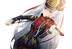 Rule 34 | 1girl, altair (re:creators), bad id, bad pixiv id, bleeding, blood, bow (music), gloves, hasugano, hat, instrument, long hair, looking at viewer, military, military uniform, re:creators, red eyes, shako cap, solo, standing, uniform, very long hair, violin, white gloves, white hair