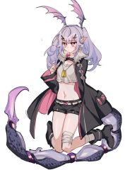 Rule 34 | 1girl, animal ears, arknights, bandaged leg, bandages, belt, blush, boots, coat, dog tags, fur trim, hair ornament, hairclip, highres, long hair, manticore (arknights), midriff, navel, pointy ears, purple eyes, purple hair, scorpion tail, short shorts, shorts, simple background, solo, tail, towtow redoland, white background