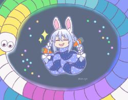Rule 34 | :d, animalization, blue hair, closed eyes, facing viewer, hololive, kukie-nyan, no humans, open mouth, rabbit girl, slither.io, smile, snake, sparkle, twintails, twitter username, usada pekora, virtual youtuber, white hair, worm