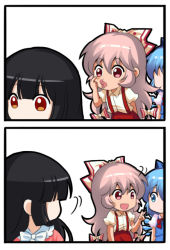 Rule 34 | 2koma, 3girls, :d, akanbe, black hair, blue dress, blue eyes, blue hair, bow, bowtie, chibi, chinese commentary, cirno, comic, commentary request, dress, eyelid pull, fujiwara no mokou, hair bow, hand up, houraisan kaguya, ice, ice wings, jokanhiyou, long hair, looking at another, multiple girls, open mouth, pants, pinafore dress, pink hair, puffy short sleeves, puffy sleeves, red bow, red eyes, red neckwear, red pants, shirt, short sleeves, sidelocks, simple background, sleeveless, sleeveless dress, smile, suspenders, tongue, tongue out, touhou, upper body, very long hair, white background, white bow, white shirt, wings