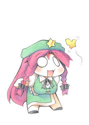Rule 34 | 1girl, :d, ascot, bad id, bad pixiv id, beret, blush, braid, breasts, bug, butterfly, chibi, chinese clothes, female focus, full body, hat, hong meiling, insect, large breasts, leaning forward, long hair, motion lines, o o, open mouth, parted bangs, red hair, shirt, shoes, side slit, simple background, skirt, skirt set, sleeveless, sleeveless shirt, smile, solo, star (symbol), touhou, traditional media, twin braids, uccow, very long hair, white background