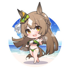 Rule 34 | 1girl, adapted costume, animal ears, bare shoulders, barefoot, bikini, black bikini, blue sky, blunt ends, blush, braid, breasts, brown hair, chibi, cloud, commentary, commission, day, ear ornament, full body, green bikini, hand up, highres, horizon, horse ears, horse girl, horse tail, large breasts, lens flare, long hair, looking at viewer, navel, ocean, open mouth, outdoors, round image, round teeth, satono diamond (umamusume), skeb commission, skindentation, sky, smile, solo, standing, swimsuit, tail, teeth, thighs, umamusume, underboob, upper teeth only, warashi, water, yellow eyes